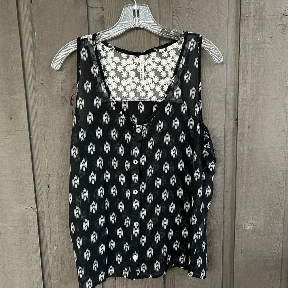 Sheer print and lace top- sleeveless button down front